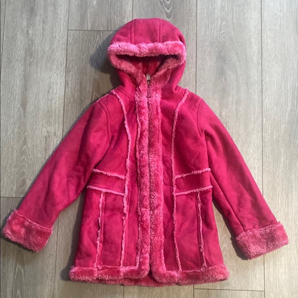 Girls Y2K Kids Pink Hooded Jacket Sz 5 Vegan Suede Leather Warm Winter Long Coat - Picture 1 of 7